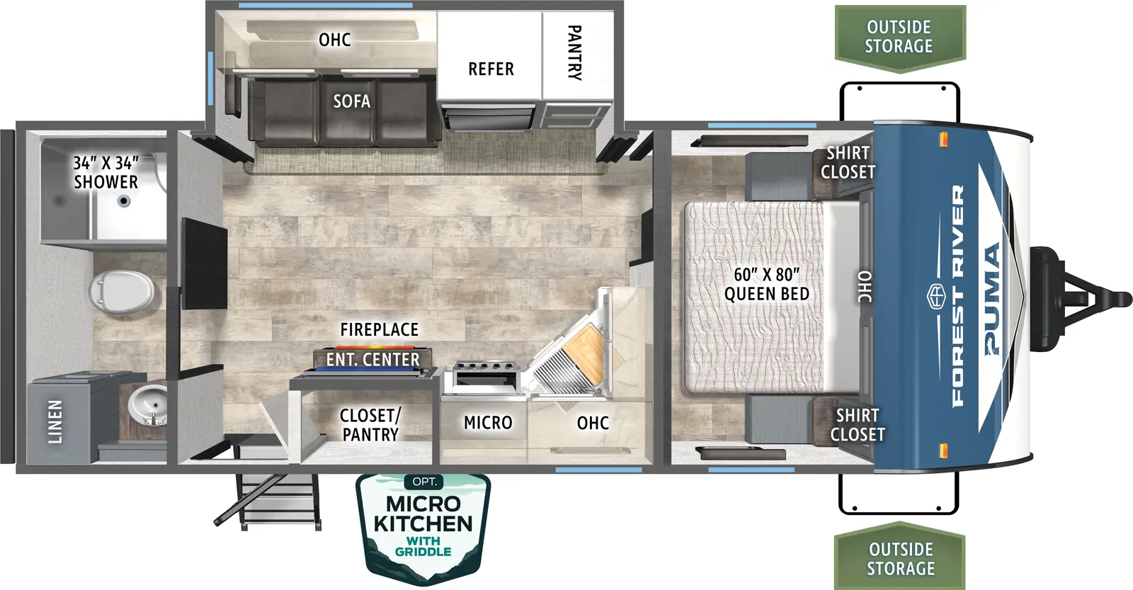 The Puma 229RB floorplan has one entry and one slide out. Exterior features include: metal exterior, 18' awning and outside kitchen. Interiors features include: front bedroom and rear bathroom.